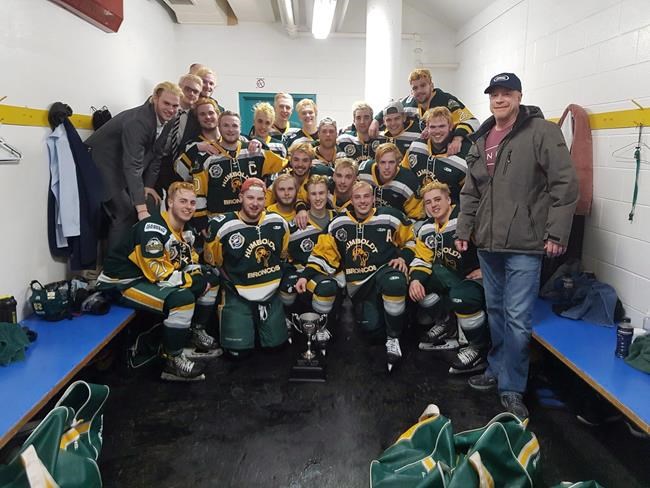Members of the Humboldt Broncos junior hockey team are shown in a photo posted to the team Twitter feed, @HumboldtBroncos on March 24, 2018 after a playoff win over the Melfort Mustangs.THE CANADIAN PRESS/HO-Twitter-@HumboldtBroncos