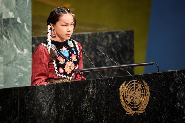 Autumn Peltier, a teenage activist from Wiikwemkoong First Nation on Manitoulin Island, Ont., addresses the United Nations General Assembly on March 22, 2018. She’ll return to the UN headquarters in New York on Saturday to advocate for water protection in Canada’s Indigenous communities. THE CANADIAN PRESS/HO-United Nations-Manuel Elias MANDATORY CREDIT
