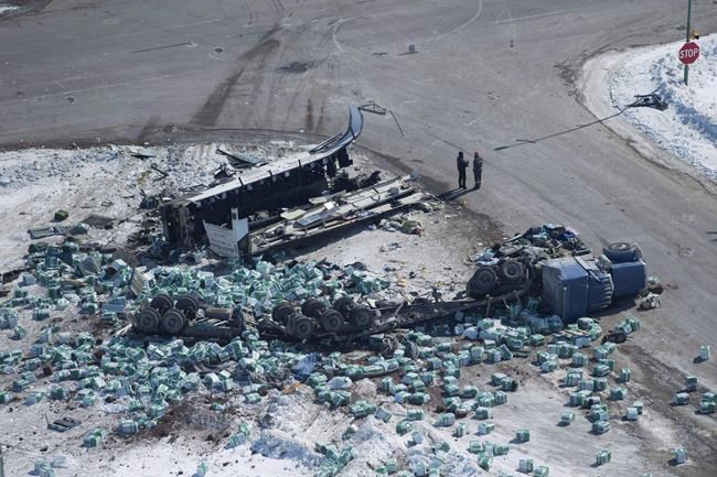 The wreckage of a fatal crash outside of Tisdale, Sask., is seen on Saturday, April, 7, 2018. A Saskatchewan judge who sentenced a truck driver to prison for the deadly Humboldt Broncos crash is calling for an end to