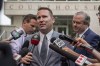 Darrin Duell, President of the Humboldt Broncos Memorial Fund, speaks to media following a court hearing related to money raised following the Humboldt Broncos bus crash outside the Court of Queens Bench in Saskatoon, Wednesday, August 15, 2018. A community foundation created in response to the Humboldt Broncos bus crash has raised $4.2 million. THE CANADIAN PRESS/Liam Richards