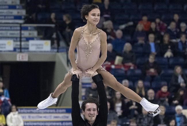 Canada's Lubov Ilyushechkina and Charlie Bilodeau perform their short program in the pairs competition at Skate Canada International in Kelowna on October 25, 2019. THE CANADIAN PRESS/Paul Chiasson
