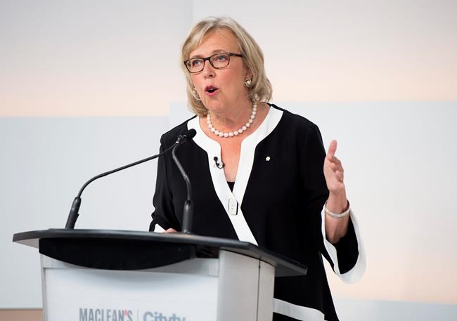 Green Party Leader Elizabeth May speaks during the Maclean