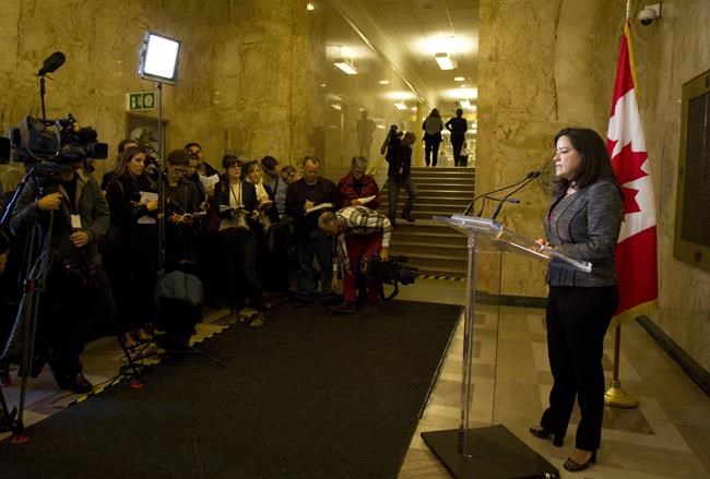 Minister of Justice Jody Wilson-Raybould holds a news conference in Ottawa Monday, November 16, 2015. Wilson-Raybould's resignation from cabinet this week has stoked long-standing frustration, disappointment and anger among Canada's veterans, who say they have been ignored and betrayed by the Trudeau government. THE CANADIAN PRESS/Fred Chartrand