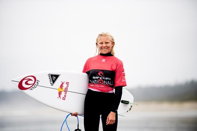 Mathea Olin at Wickaninnish Beach in the Pacifc Rim National Park Reserve, Vancouver Island, BC, during the Rip Curl Nationals on May 11, 2019. Canada is not sending teams in 3-on-3 basketball or bodybuilding, but surfing has some real medal potential. Most of the buzz is centred on 16-year-old surfing sensation Mathea Olin of Tofino, B.C. She won Canada's first-ever international medals in surfing with a gold (longboard) and bronze (shortboard) at the 2017 Pan Am Surf Games. THE CANADIAN PRESS/HO, Bryanna Bradley