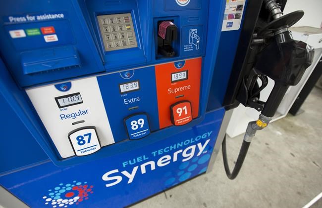A gas pump is pictured in North Vancouver on April 17, 2019. Gasoline prices are expected to remain just below record highs all across Canada this summer except in Vancouver -- where a perfect storm of factors will likely ensure motorists continue to set new all-time records at the pumps. THE CANADIAN PRESS/Jonathan Hayward
