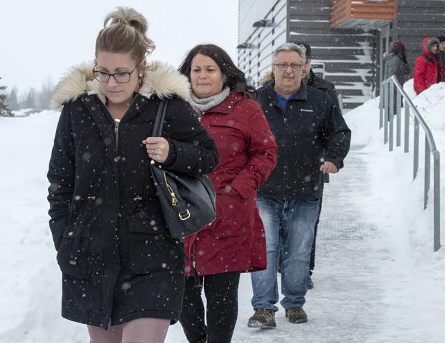 Ryan Remiorz / The Canadian Press
Christina Haugan, left, wife of coach Darcy Haugan who died in the 2018 Humboldt hockey team bus crash, and other family and friends of victims leave after the final arguments in the sentencing hearings for Jaskirat Singh Sidhu, the driver of the truck that collided with the bus carrying the Humboldt Broncos hockey team, at the courthouse in Melfort, Sask., on January 31, 2019. An emotional sentencing hearing for the truck driver who caused the deadly Humboldt Broncos bus crash laid bare the unrelenting pain of family members who lost loved ones in the sudden tragedy. There were heartbreaking accounts of grief and anger, and calls for the maximum prison time possible. But there were also glimmers of compassion, as some including widow Christina Haugan pledged forgiveness and peace.