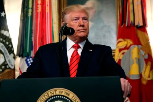 President Donald Trump speaks in the Diplomatic Room of the White House in Washington, Sunday, Oct. 27, 2019. (AP Photo/Andrew Harnik)