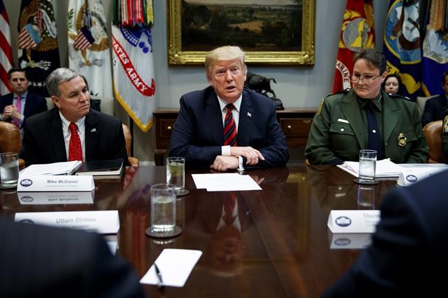 Mike McDaniel, director of Houston High Intensity Drug Trafficking Areas, left, and Carla Provost, chief of the U.S. Border Patrol, right, listen as President Donald Trump speaks in the Roosevelt Room of the White House, Wednesday, March 13, 2019, in Washington. Trump said the U.S. is issuing an emergency order grounding all Boeing 737 Max 8 and Max 9 aircraft