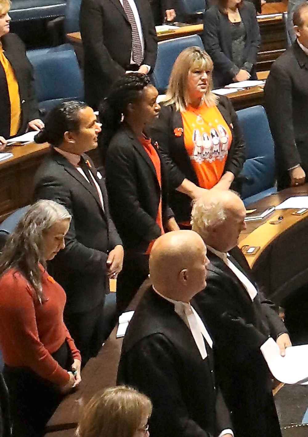 RUTH BONNEVILLE / WINNIPEG FREE PRESS
NDP MLA Nahanni Fontaine, leader Wab Kinew, and MLAs Uzoma Asagwara and Bernadette Smith in the house during the first Session of the 42nd Legislature Assembly on Monday.