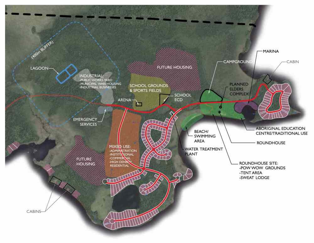 Physical Development Plan map showing future community layout, facilities and housing on Lac des Mille Lacs. (Supplied)