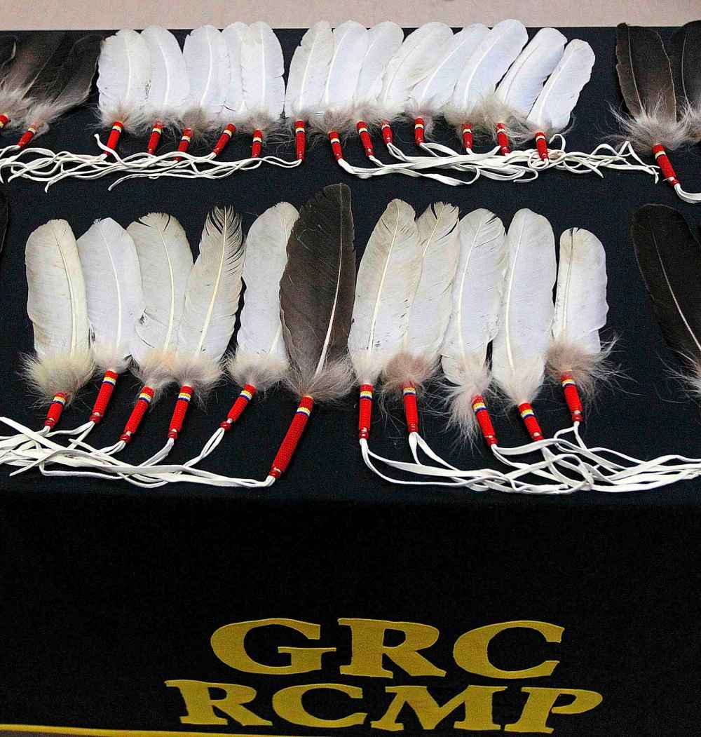 PHIL HOSSACK / WINNIPEG FREE PRESS
Eagle feathers grace a table at