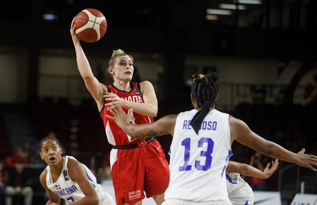 Canada's Sami Hill (4) looks for the pass against Dominican Republic's Giocelis Reynoso (13) during first half action of FIBA Women's Olympic Pre Qualifying Tournaments Americas 2019, in Edmonton, Alta., on Sunday, November 17, 2019.THE CANADIAN PRESS/Jason Franson
