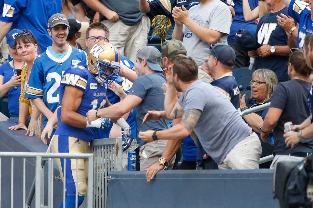 Nic Demski celebrates a touchdown with fans during a game against Toronto last month. (John Woods / The Canadian Press)