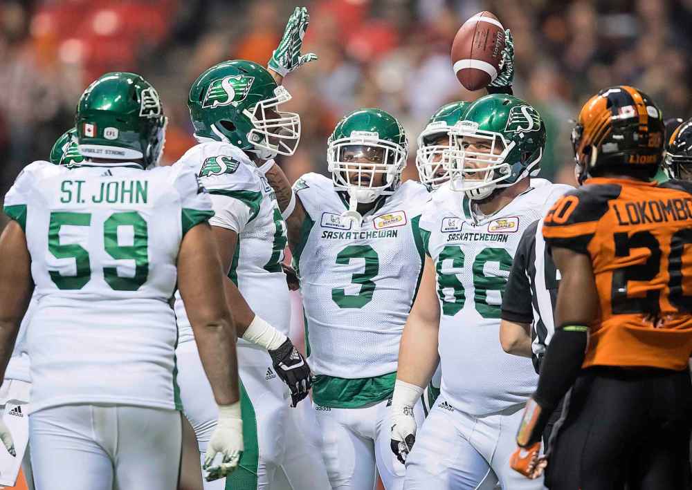 CP
Saskatchewan Roughriders' Nick Marshall (3) celebrates his touchdown against the B.C. Lions during the first half of a CFL football game in Vancouver on Saturday August 25, 2018. THE CANADIAN PRESS/Darryl Dyck
