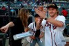 U.S. Olympic snowboarder Kyle Mack reacts as he is introduced to the crowd before announcing Thursday, Sept. 5, 2019, that SunTrust Park in Atlanta will host a Big Air competition. The high-flying ski and snowboarding event will be held Dec. 20-21 at SunTrust Park, bringing some of the top athletes from the United States and around the world to compete off a 15-story-tall tower that will be built in the center of the 41,000-seat baseball stadium. (AP Photo/John Bazemore)
