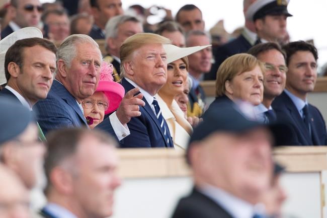 French President Emmanuel Macron, left, British Prime Minister Theresa May, Prince Charles, Queen Elizabeth II, President Donald Trump, first lady Melania Trump, Greek President Prokopis Pavlopoulos, German Chancellor Angela Merkel, Dutch Prime Minister Mark Rutte, Luxembourg Prime Minister Xavier Bettel, and Canadian Prime Minister Justin Trudeau, watch a flyover at the conclusion of a ceremony to mark the 75th Anniversary of D-Day, when the Allied soldiers, sailors and airmen conducted an invasion that helped liberate Europe from Nazi Germany, Wednesday, June 5, 2019, in Portsmouth, England. (AP Photo/Alex Brandon)