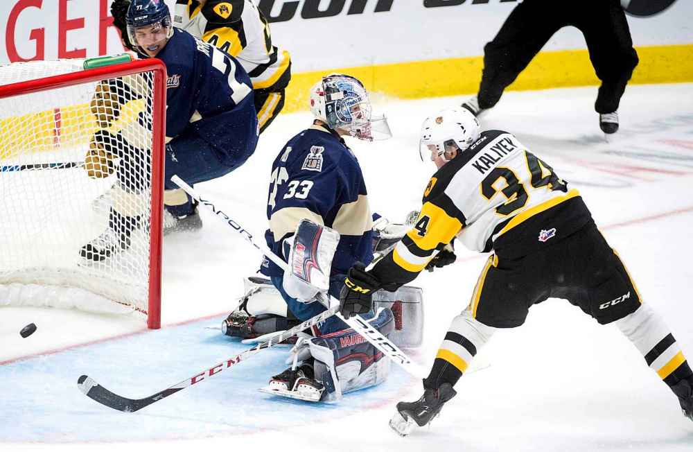 Jonathan Hayward / The Canadian press files
Hamilton Bulldogs' Arthur Kaliyev fails to get a shot past Regina Pats goaltender Max Paddock during third period of Memorial Cup action in Regina last year..