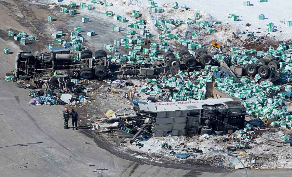 A truck driver with only three weeks of road experience drove his semi through a stop sign without braking and hit a bus carrying the Humboldt Broncos junior hockey team. Sixteen people were killed and 13 others were injured. (Jonathan Hayward / The Canadian Press files)