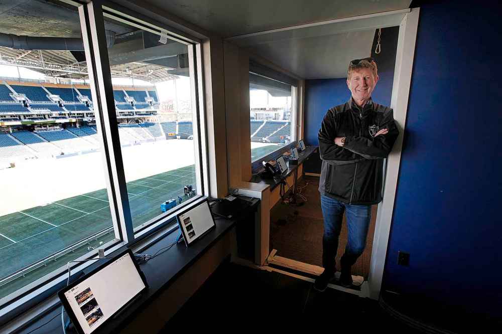 PHIL HOSSACK/Winnipeg Free Press
John Graham, President of On Ice Entertainment, in a press box that had to have a wall removed to ensure NFL regulations regarding suite size were met.