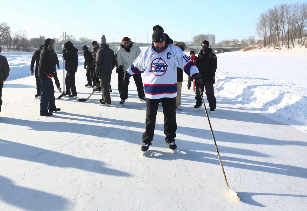 James Hatch practised at a few indoor rinks in the U.S. before flying to Winnipeg to make good on a bet he lost. He says he has new appreciation for hockey players after strapping on skates and blading on the river trail at The Forks.