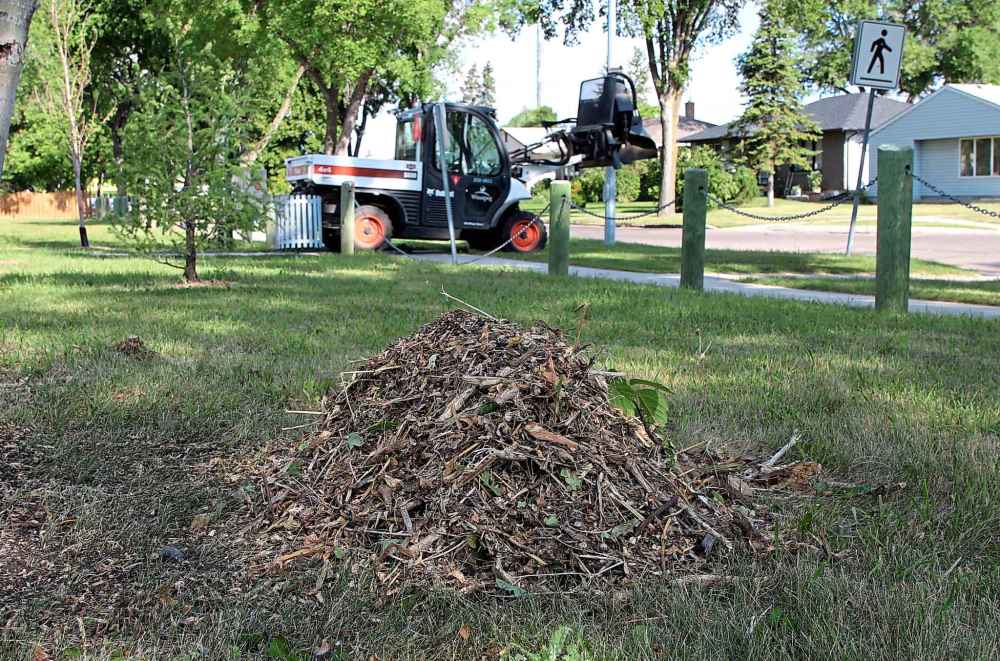 MAGGIE MACINTOSH / WINNIPEG FREE PRESS
A city employee was at Richardson Fir Tot Lot with heavy machinery Wednesday, one week after residents say the first trees and bushes were removed.