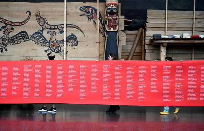 A ceremonial cloth with the names of 2,800 children who died in residential schools and were identified in the National Student Memorial Register, is carried to the stage during the Honouring National Day for Truth and Reconciliation ceremony in Gatineau, Quebec on Monday, Sept. 30, 2019. THE CANADIAN PRESS/Justin Tang