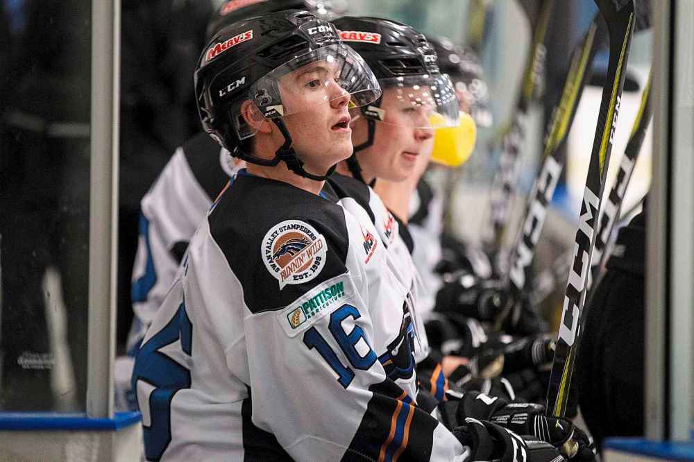 MIKE DEAL / WINNIPEG FREE PRESS
The Swan Valley Stampeders' Josh Tripp (16) on the bench after scoring a goal against the Portage Terriers in the second period of a regular MJHL season game being held at the Seven Oaks Sportsplex Tuesday afternoon.
181211 - Tuesday, December 11, 2018.