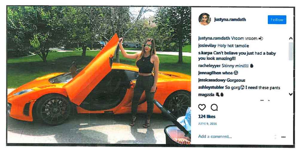 COURT DOCUMENT
A McLaren sports car was among the luxury vehicles Ramdath drove - seen here in an instagram post by his wife, Justyna Ramdath.