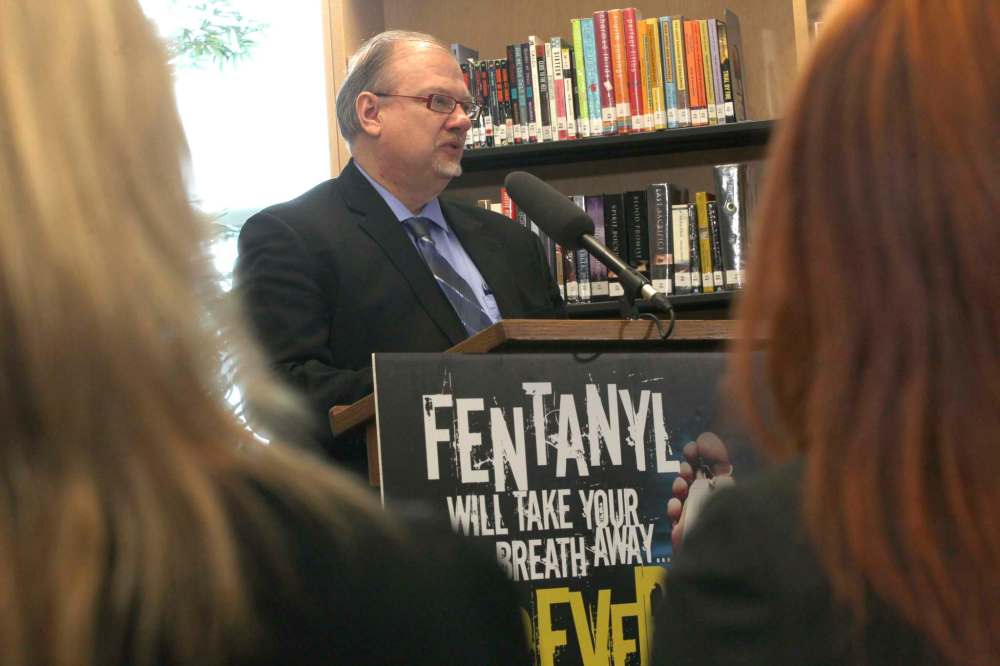 JOE BRYKSA / WINNIPEG FREE PRESS
Health Minister Kelvin Goertzen speaks at Fentanyl public awareness campaign that was launched at Shaftesbury High School on Grant Avenue Friday.