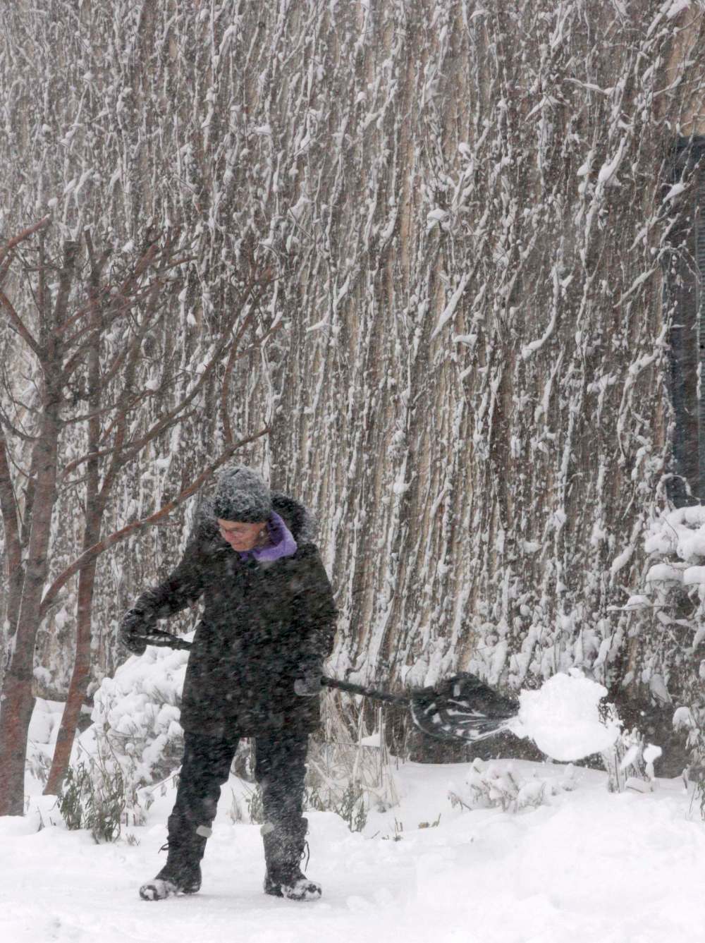 JOE BRYKSA / WINNIPEG FREE PRESS
Jackie Garrett shovels on Corydon Avenue and Geulph Street as snow falls in Winnipeg on Tuesday morning.