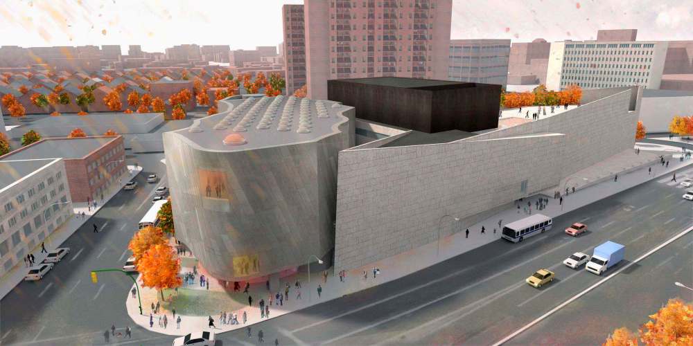 Artist rendering Aerial view of Inuit Art Centre and Winnipeg Art Gallery, Michael Maltzan Architecture.