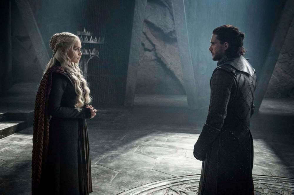 Helen Sloan / HBO
Emilia Clarke as Mother of Dragons Daenerys Targaryen and Kit Harington as Jon Snow in a scene from HBO's Game of Thrones.