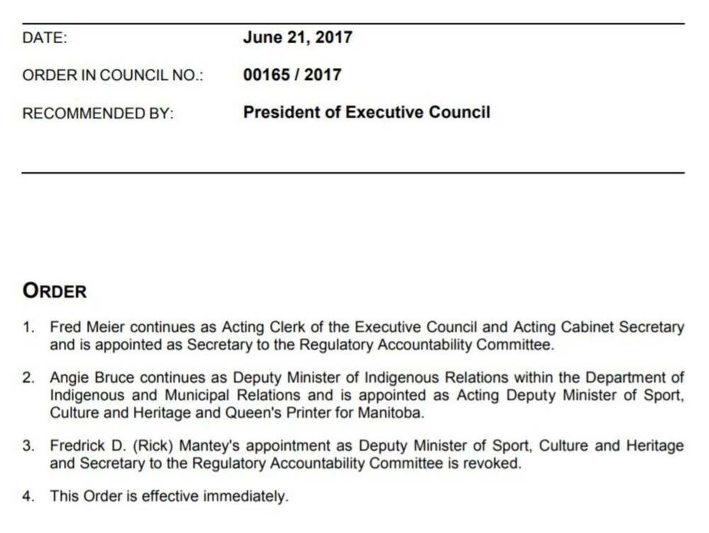 An order by the provincial cabinet shows Rick Mantey’s termination last June.