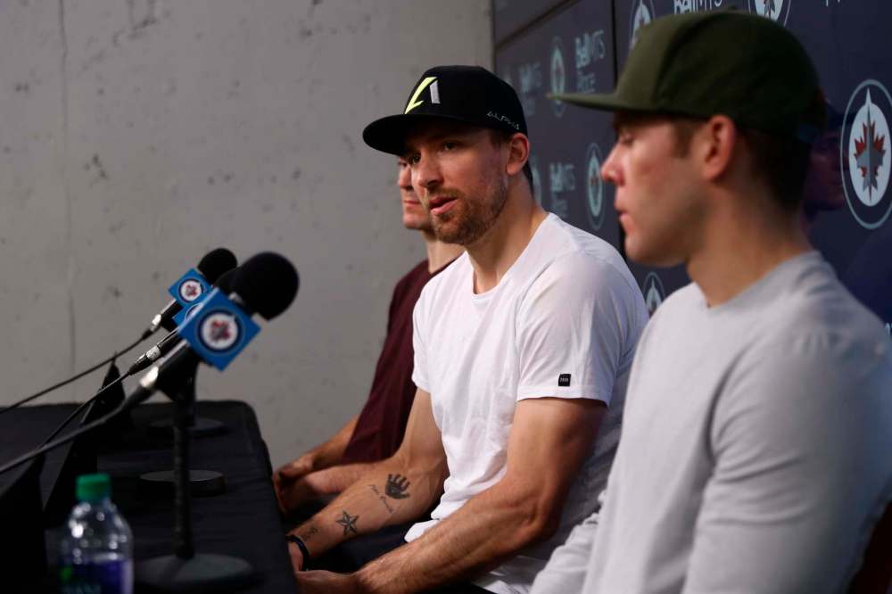 MIKE DEAL / WINNIPEG FREE PRESS
Winnipeg Jets captain Blake Wheeler (centre) flanked by Mark Scheifele (left) and Paul Stastny. Wheeler is entering the final year of a six-year, US$33.6-million deal this fall.