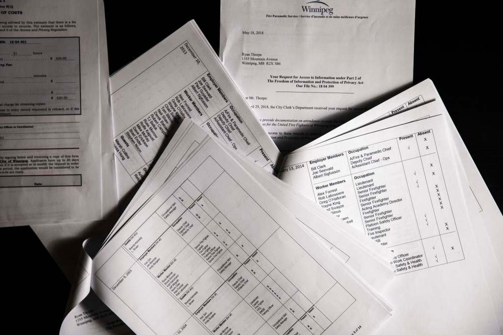 MIKAELA MACKENZIE / WINNIPEG FREE PRESS
Documents obtained through freedom of information documenting Firefighters Union president Alex Forrest's attendance on various City of Winnipeg committees.
