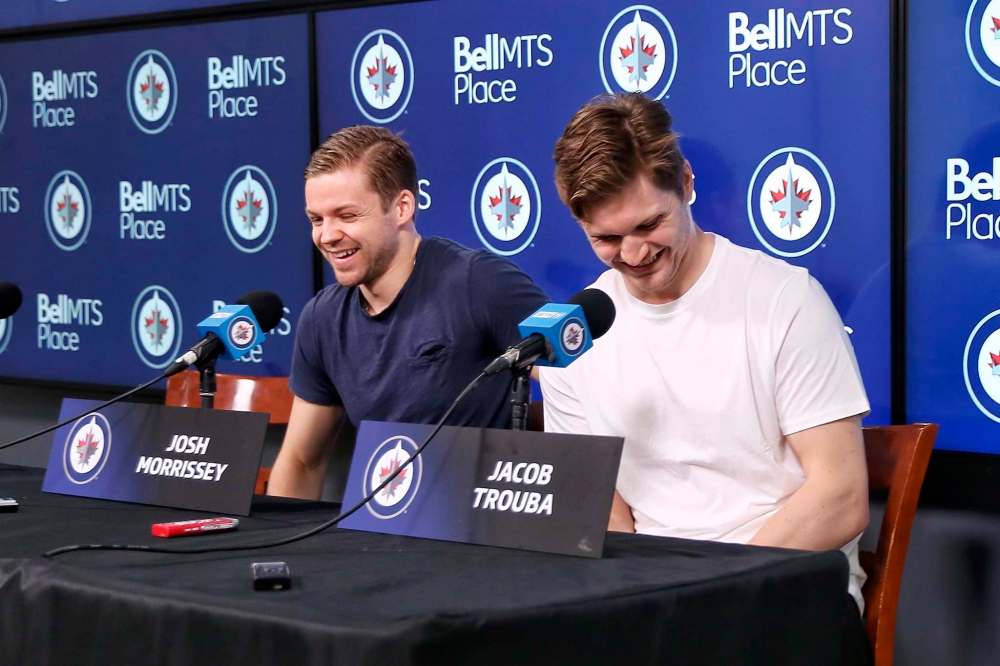 MIKE DEAL / WINNIPEG FREE PRESS
Jets defencemen Josh Morrissey, left and Jacob Trouba have become the team's premier shutdown pairing.