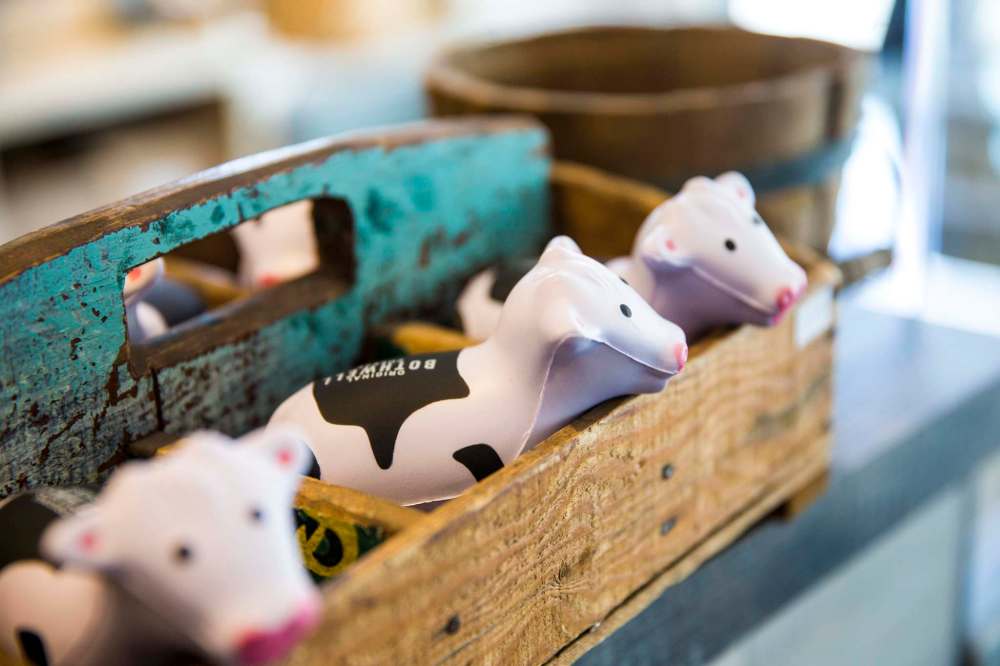 Miniature versions of Fromagerie Bothwell’s mascot, Teemoo, can be found throughout the shop.