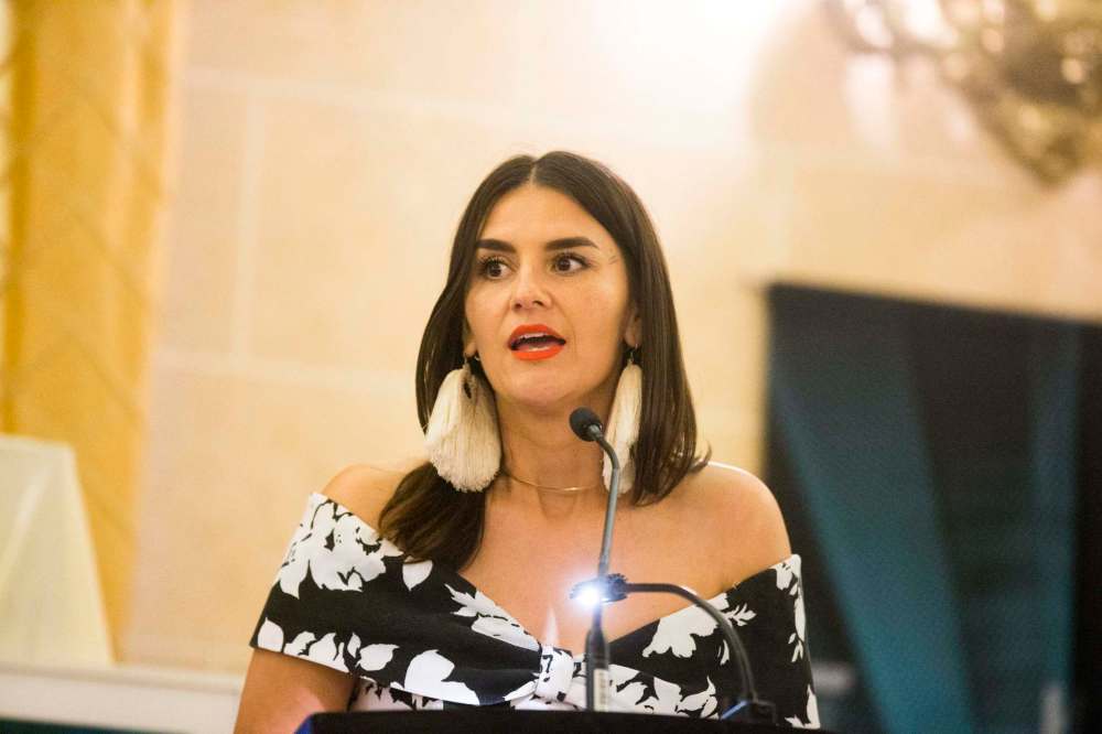RBC On the Rise Award winner, visual artist Niki Little/Wabiska Maengun, at the Mayor's Luncheon for the Arts in Winnipeg Thursday. (MIKAELA MACKENZIE / WINNIPEG FREE PRESS)