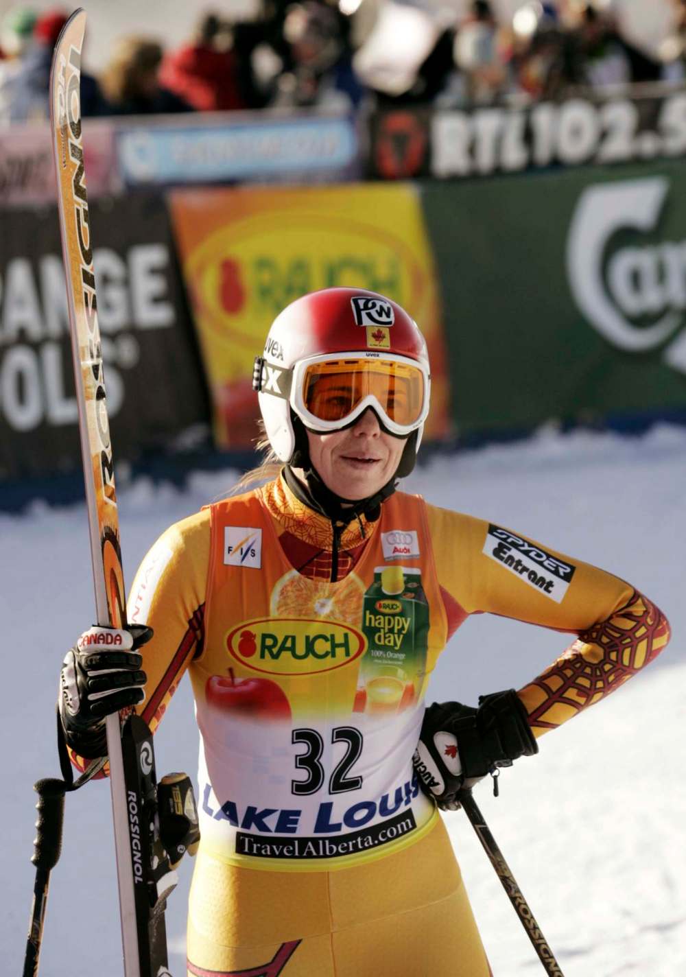 CP PHOTO/Chuck Stoody
Team Canada's Genevieve Simard of Val-Morin, Que. after running the women's World Cup downhill at Lake Louise, Alta., in 2006.