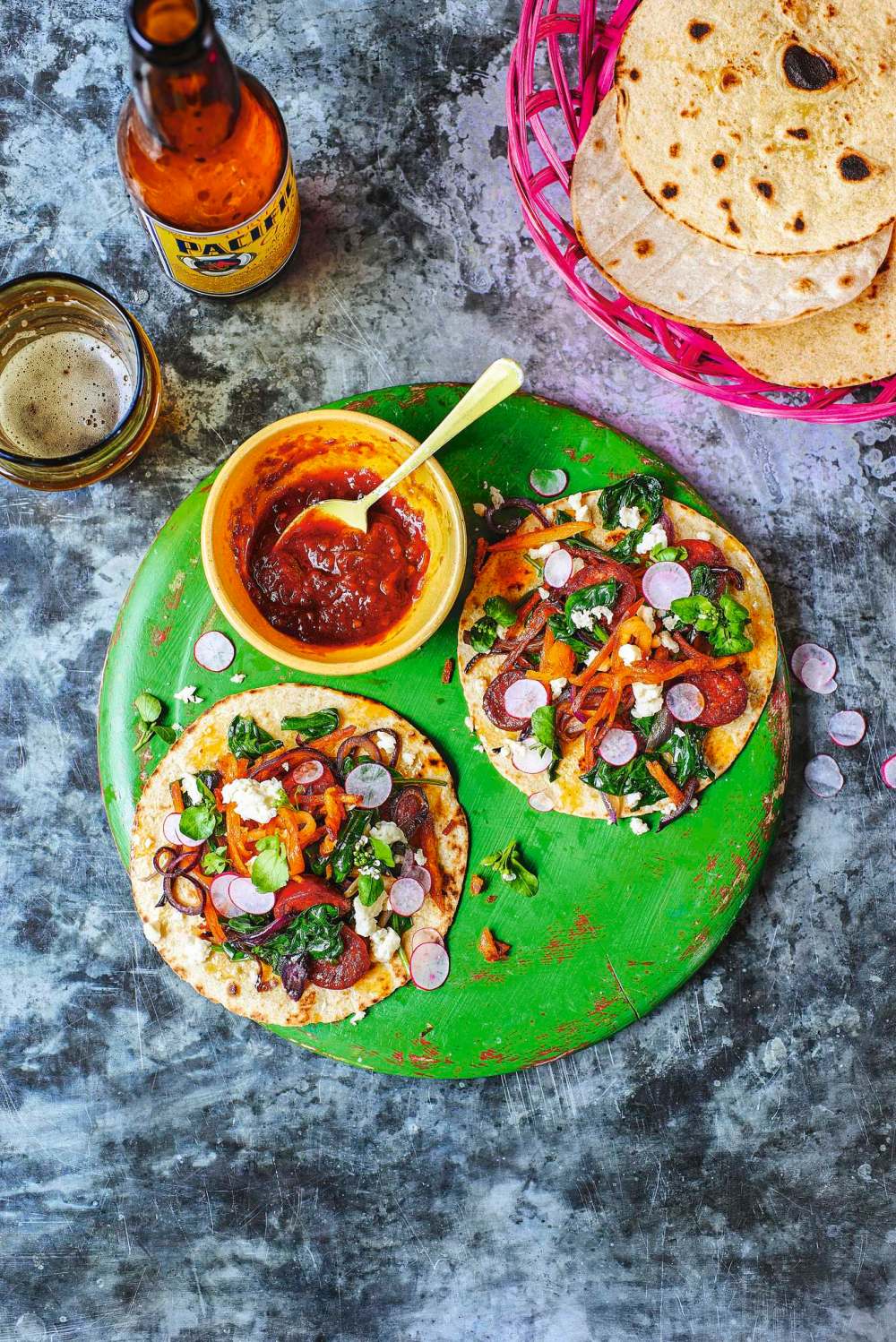 Spinach, Chorizo & Potato Tacos include Smoked Chipotle Salsa for a medium-hot kick. (Peter Cassidy Photo)