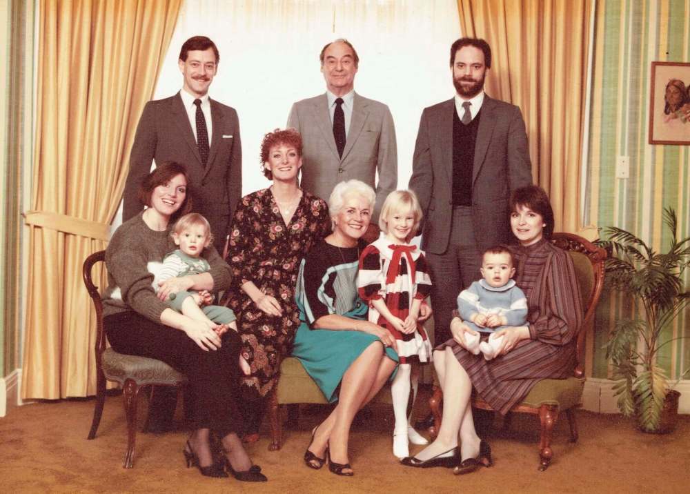 Jack Perrin, centre, owner of Hotel Fort Garry, in a family portrait taken in a suite at the hotel in 1984. John Perrin, son, is at left. (Supplied)