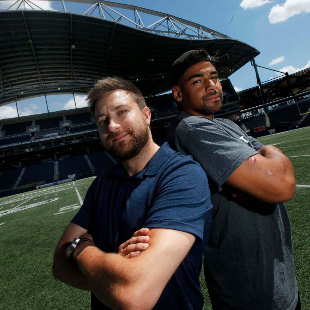 Winnipeg Blue Bomber running back Andrew Harris and Free Press sportswriter Jeff Hamilton have teamed up for a new podcast called The Handoff. (Phil Hossack / Winnipeg Free Press)