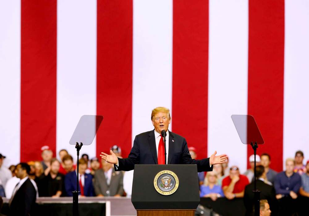 MICHAEL VOSBURG / THE FORUM
President Donald Trump speaks during the Make America Great Again Rally on Wednesday, June 27, 2018, at Scheels Arena, Fargo.