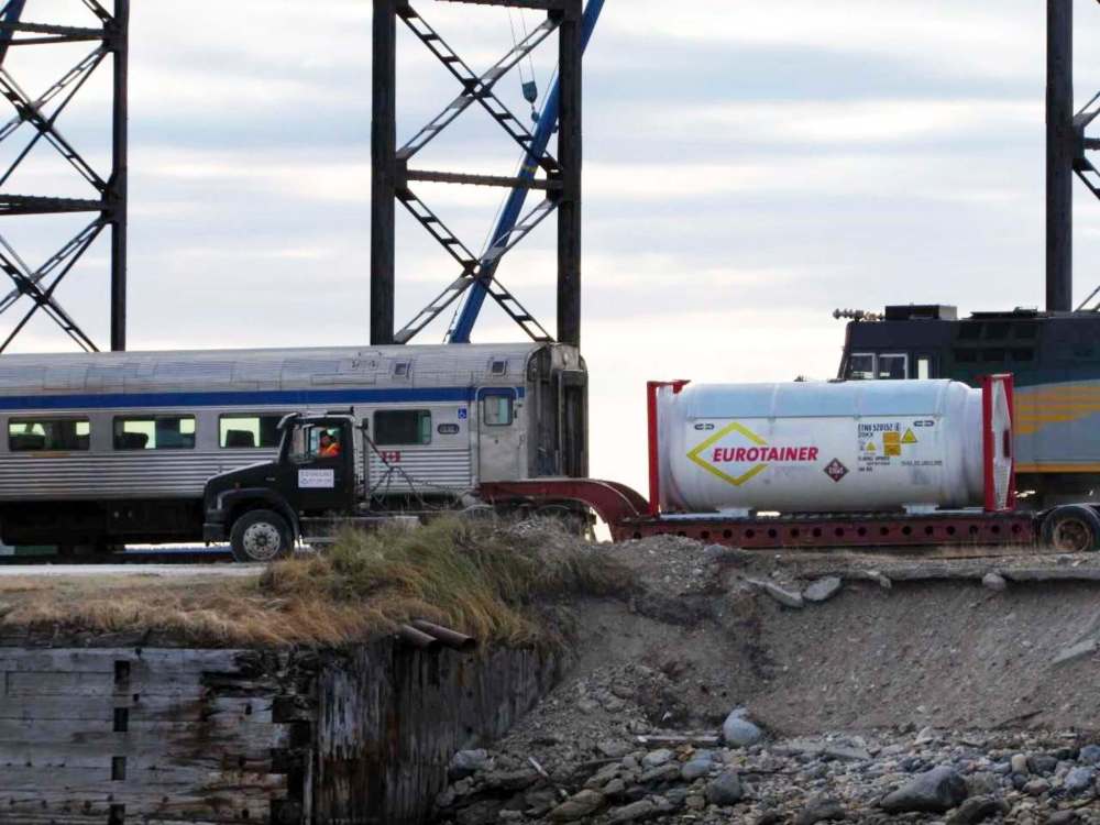 Via Rail cars wait to be loaded aboard a ship at the Port of Churchill in October, 2017