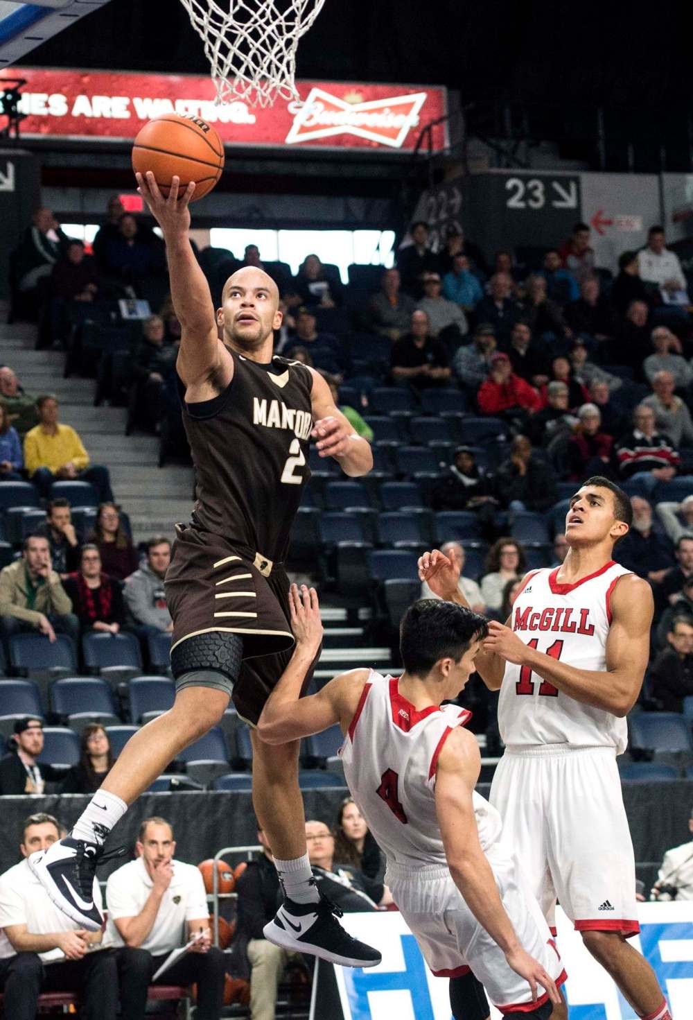 THE CANADIAN PRESS/Darren Calabrese
Manitoba Bisons' Keith Omoerah, left, scores in front of McGill Redmen Jenning Leung, centre, and Michael Peterkin during second half USports basketball quarterfinal action in Halifax.