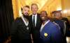 TREVOR HAGAN / WINNIPEG FREE PRESS
The photo that shouldn’t be? Premier Brian Pallister (centre) poses with Order of Manitoba inductees Robb Nash (left), a musician, and Ken Opaleke, executive director of West Broadway Youth Outreach, following a ceremony at the legislative building on Thursday. The photographer was asked to leave shortly after because of ‘byelection blackout’ rules.