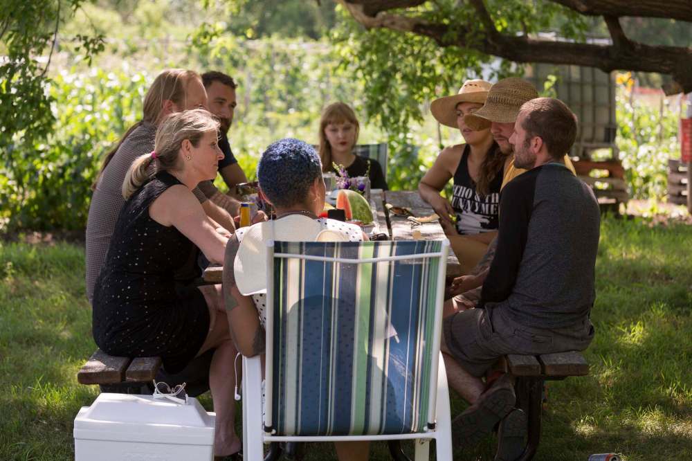 Maureen Krauss, Ryan Pengelly, Nik Friesen-Hughes, Shannon Bahuaud, Rob Moquin, Rodney Penner and Kristen Shaw gathered at Riverview Gardens to discuss issues such as food sovereignty and sustainability. (LINDSAY REID PHOTOS / CLICK.STUDIO)