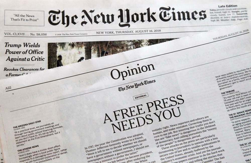 Mark Lennihan / The Associated Press Files
An editorial titled 'A Free Press Needs You' was published in The New York Times on Aug. 16 as part of a 'coordinated response' effort against the Trump administration's attacks on the media.