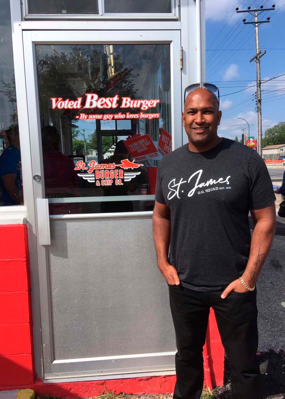 Owner Ravi Ramberran outside St. James Burger & Chip Co. (Jill Wilson / Winnipeg Free Press)