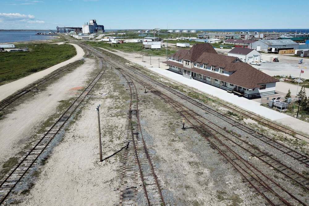 An aerial view of the rail line and Via station is shown in Churchill, Manitoba, Wednesday, July 4, 2018. The closure of the port and the rail line has resulted in economic hardship in the community. THE CANADIAN PRESS/John Woods